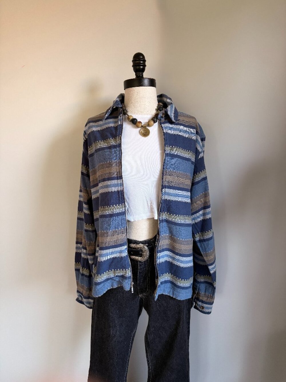 Vintage 90s Cabin Creek Cotton Zip Up Jacket Blue Striped Size L